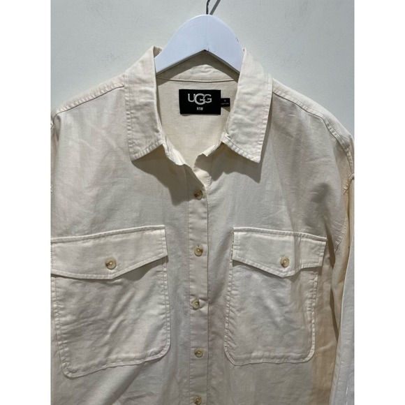 Ugg Women's M Kimya Long Sleeve Button Down Cream Pocket Front Cotton Minimalist - Picture 2 of 5